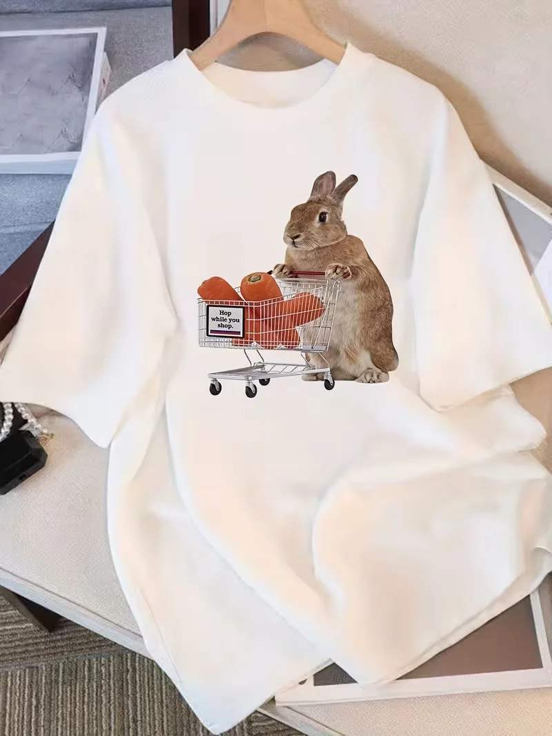 Women'S Short-Sleeve T-Shirt with A Rabbit Bought Carrots,New Loose-Fitting Summer Style,Flattering Lady's Top Travel Daily Wear