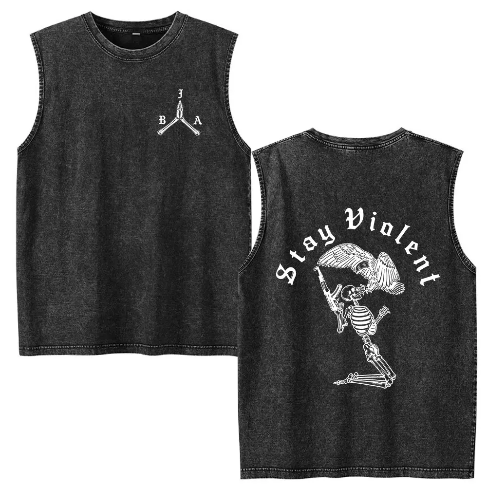 Stay Violent Brothers in Arms Skeleton Vintage Acid Washed Tank Tops T Shirt Men Clothing Casual Oversized Sleeveless Vest Tees