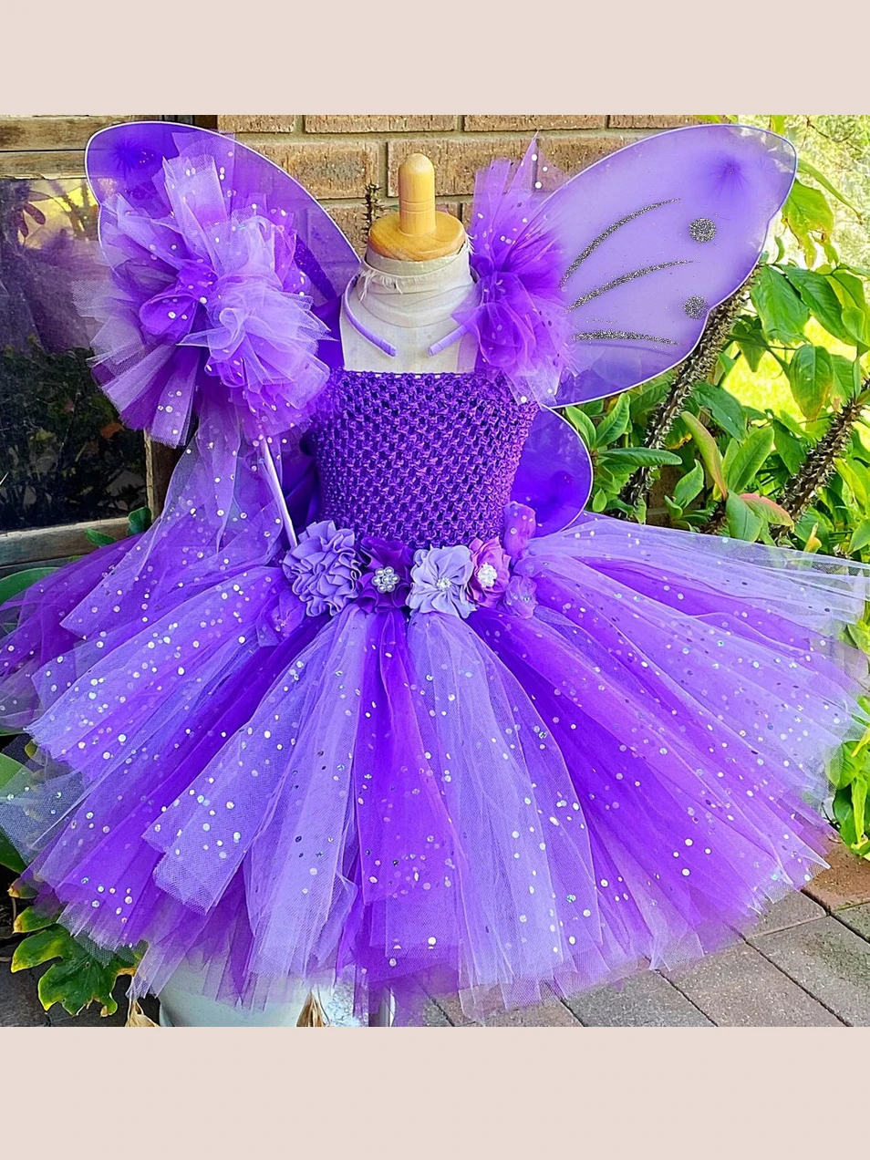 Girls Pink Flower Fairy Dress Kids Glitter Tutu Dresses with Wing and Stick Hairbow Children Birthday Christmas Party Costumes