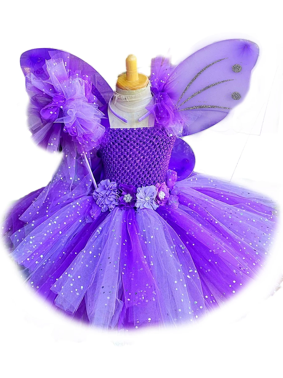 Girls Pink Flower Fairy Dress Kids Glitter Tutu Dresses with Wing and Stick Hairbow Children Birthday Christmas Party Costumes
