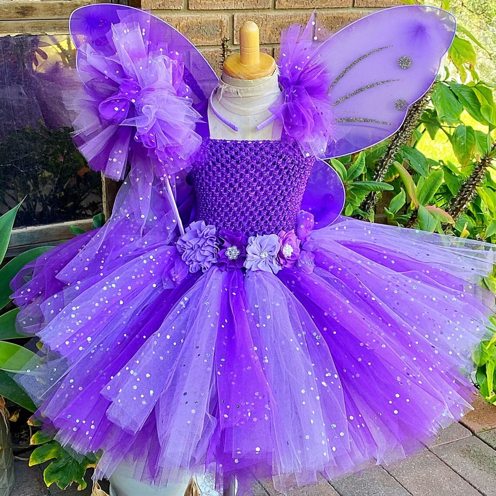 Girls Pink Flower Fairy Dress Kids Glitter Tutu Dresses with Wing and Stick Hairbow Children Birthday Christmas Party Costumes