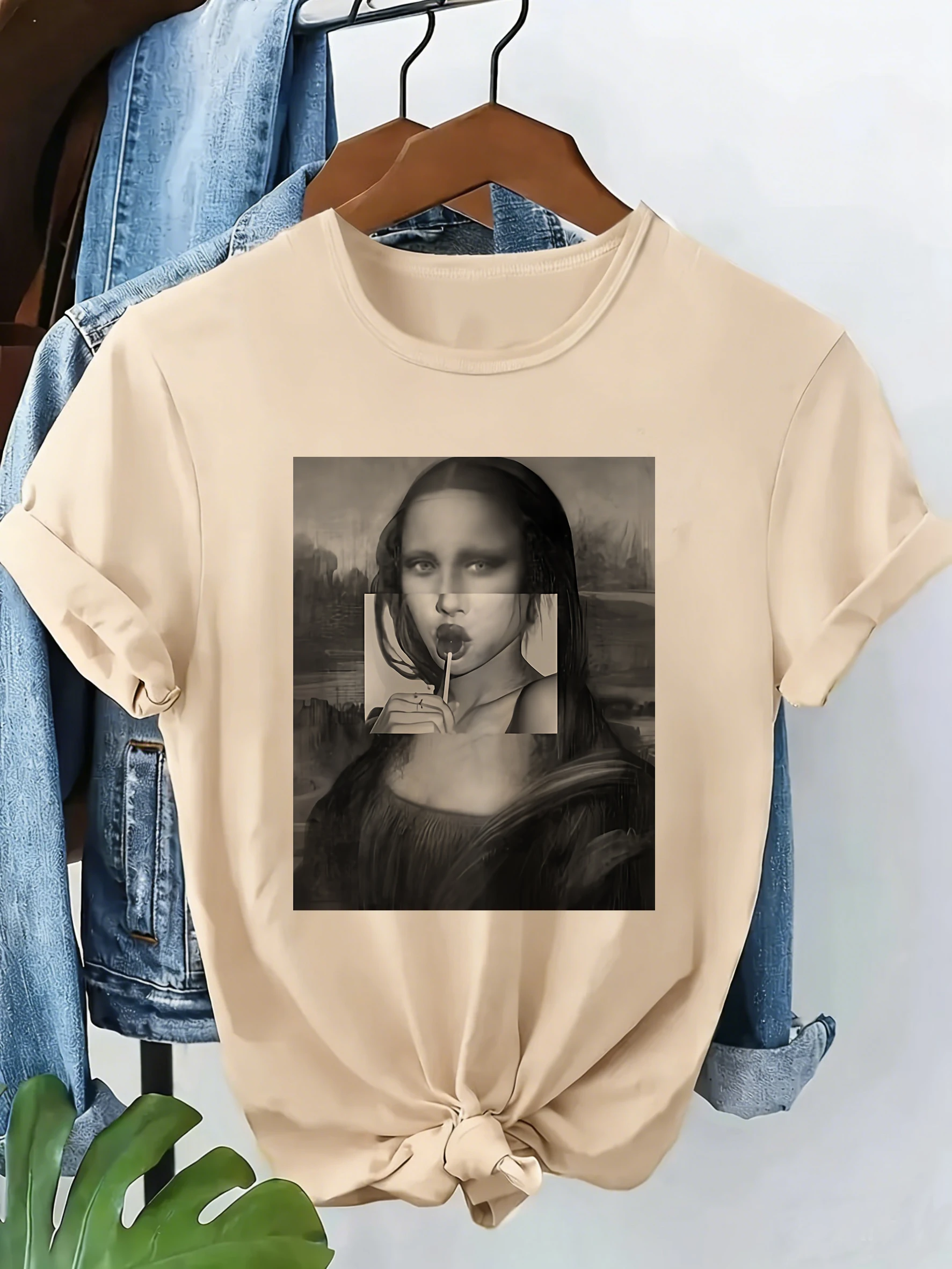 Funny Mona Lisa 90s Streetwear Casual Y2k Fashion T-shirt Print Short Sleeve T Shirt Clothing Top Tee Summer Ladies Girls Shirt
