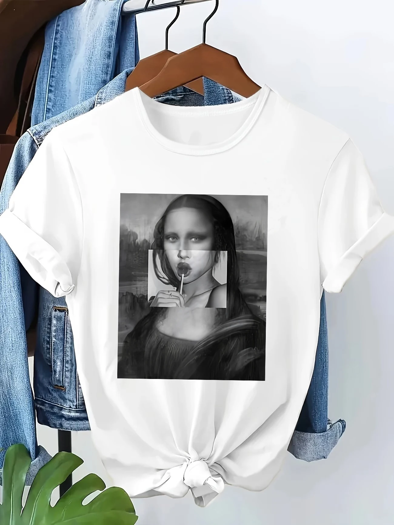 Funny Mona Lisa 90s Streetwear Casual Y2k Fashion T-shirt Print Short Sleeve T Shirt Clothing Top Tee Summer Ladies Girls Shirt