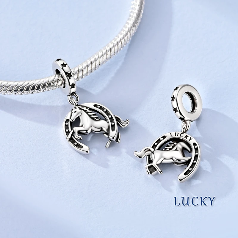 925 Sterling Silver Good Luck Horseshoe and Horse Charm Bead DIY Bracelet Necklace Women's Fine Jewelry Birthday Party Gift