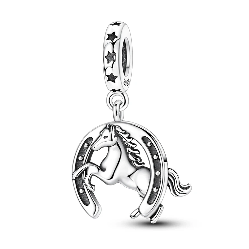 925 Sterling Silver Good Luck Horseshoe and Horse Charm Bead DIY Bracelet Necklace Women's Fine Jewelry Birthday Party Gift