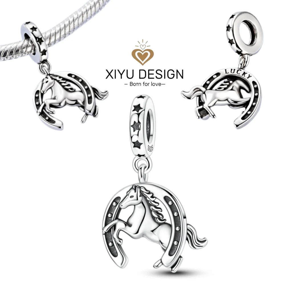 925 Sterling Silver Good Luck Horseshoe and Horse Charm Bead DIY Bracelet Necklace Women's Fine Jewelry Birthday Party Gift
