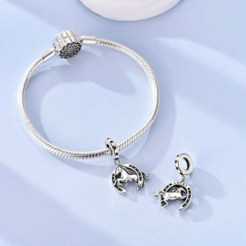 925 Sterling Silver Good Luck Horseshoe and Horse Charm Bead DIY Bracelet Necklace Women's Fine Jewelry Birthday Party Gift