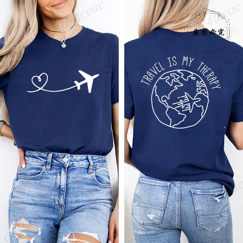 Travel Is My Therapy Printed T-Shirt for Women,travel Graphic Tee Shirts, Summer Short Sleeve Tops,summer Fashion Tee T-Shirts