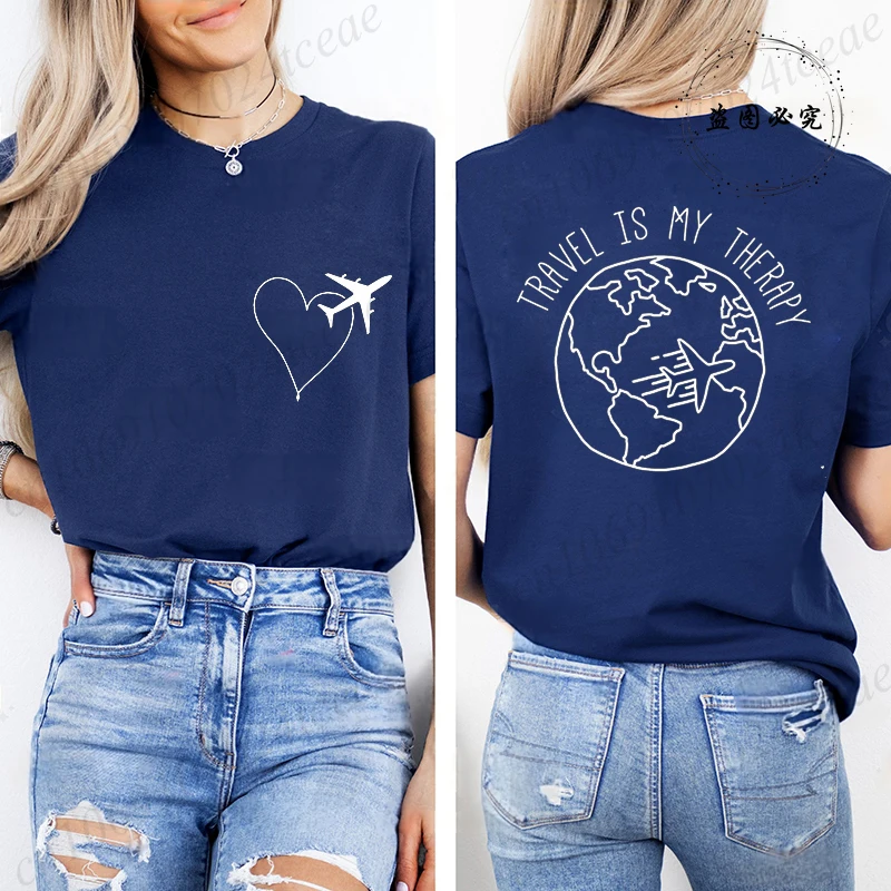 Travel Is My Therapy Printed T-Shirt for Women,travel Graphic Tee Shirts, Summer Short Sleeve Tops,summer Fashion Tee T-Shirts