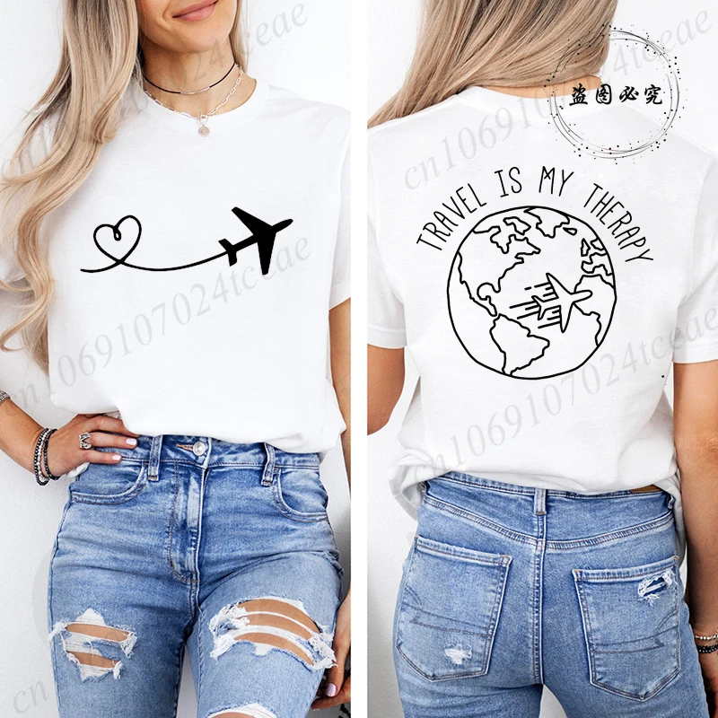 Travel Is My Therapy Printed T-Shirt for Women,travel Graphic Tee Shirts, Summer Short Sleeve Tops,summer Fashion Tee T-Shirts