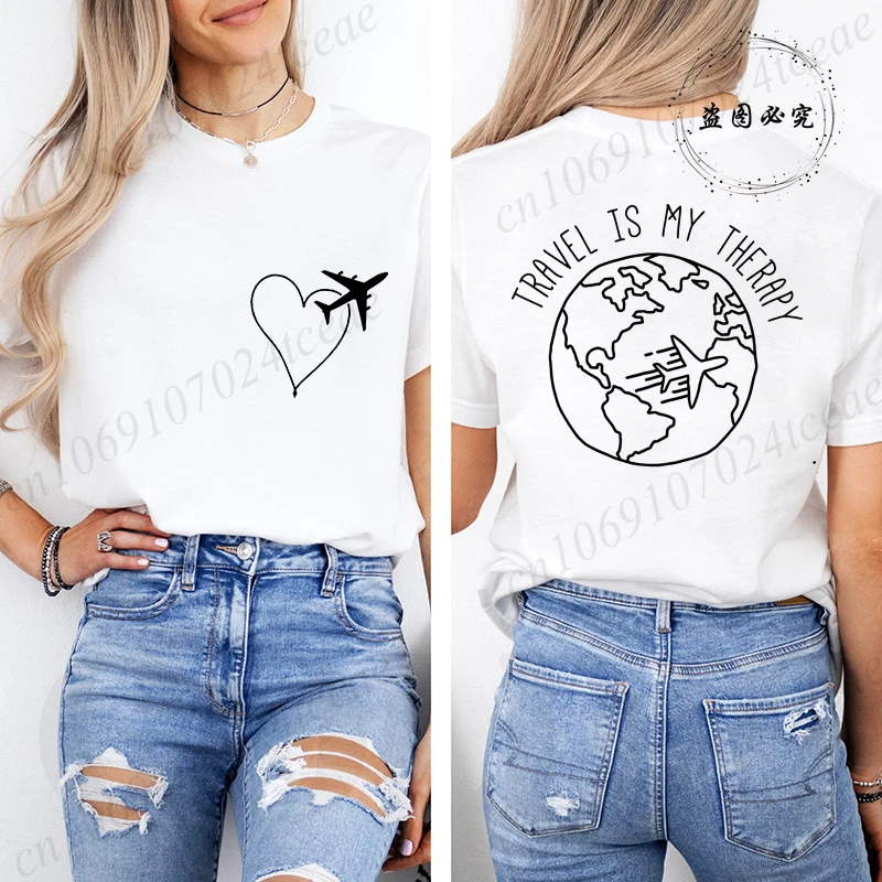 Travel Is My Therapy Printed T-Shirt for Women,travel Graphic Tee Shirts, Summer Short Sleeve Tops,summer Fashion Tee T-Shirts