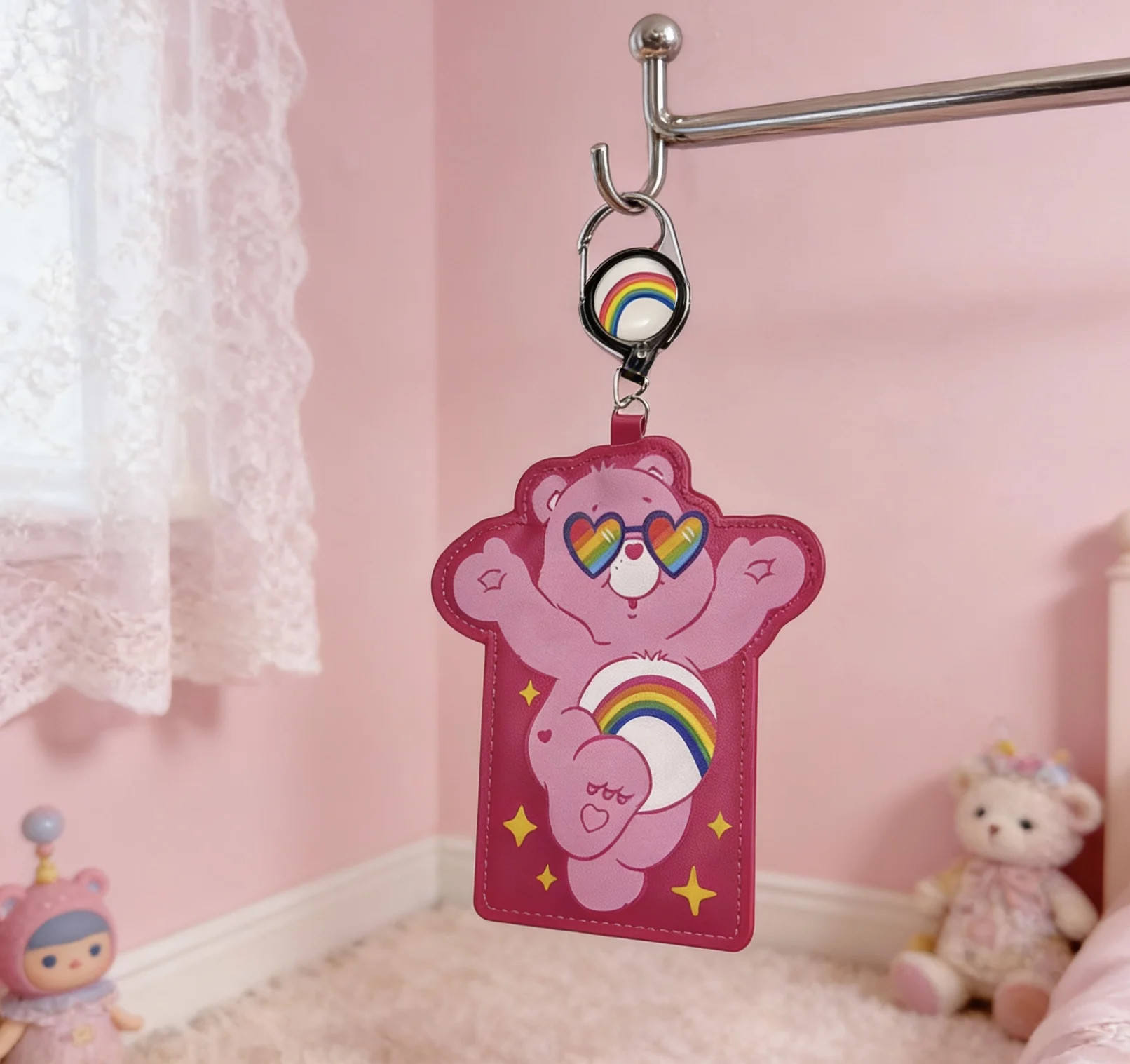Care Bears Cute Bear Shaped Card Holder with Retractable Reel – Adorable Bag Charm for ID & Cards