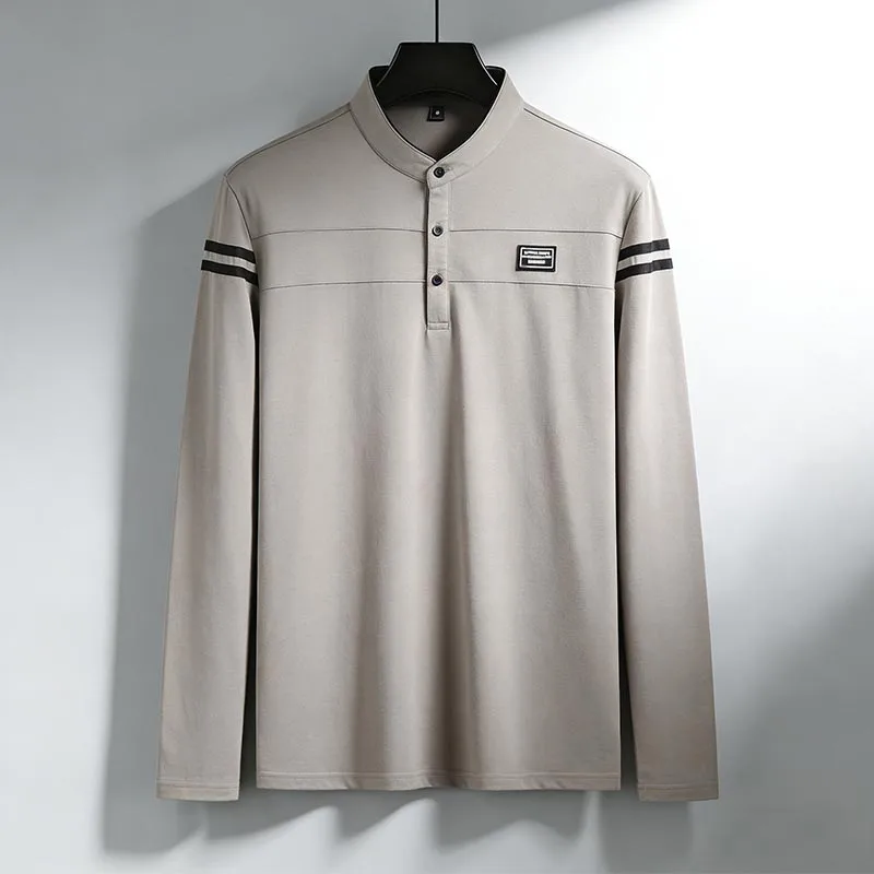 Men Stand Collar Long Sleeve Polo Shirt Stripe Accent Soft Breathable For Business Work And Life