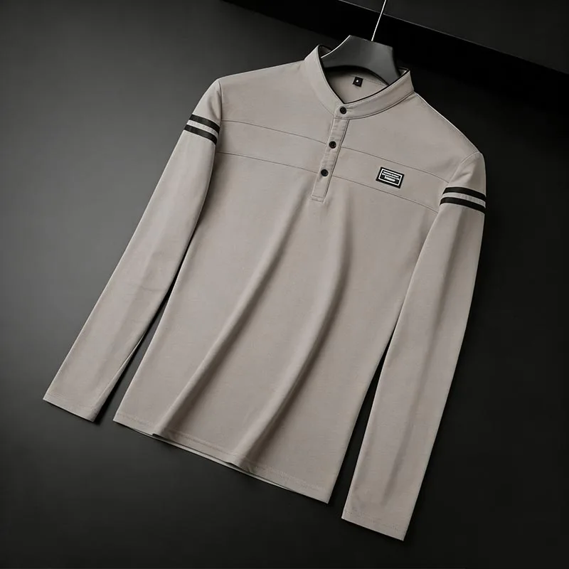 Men Stand Collar Long Sleeve Polo Shirt Stripe Accent Soft Breathable For Business Work And Life