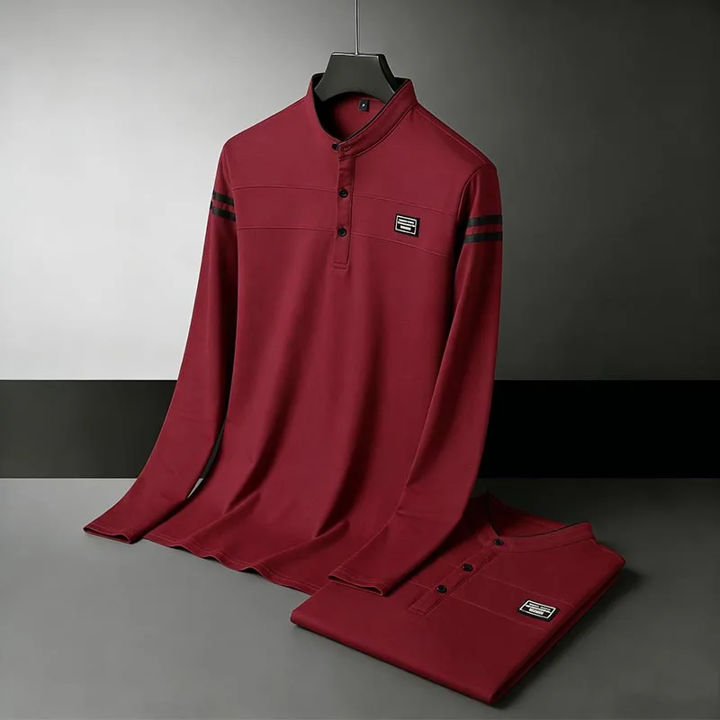Men Stand Collar Long Sleeve Polo Shirt Stripe Accent Soft Breathable For Business Work And Life