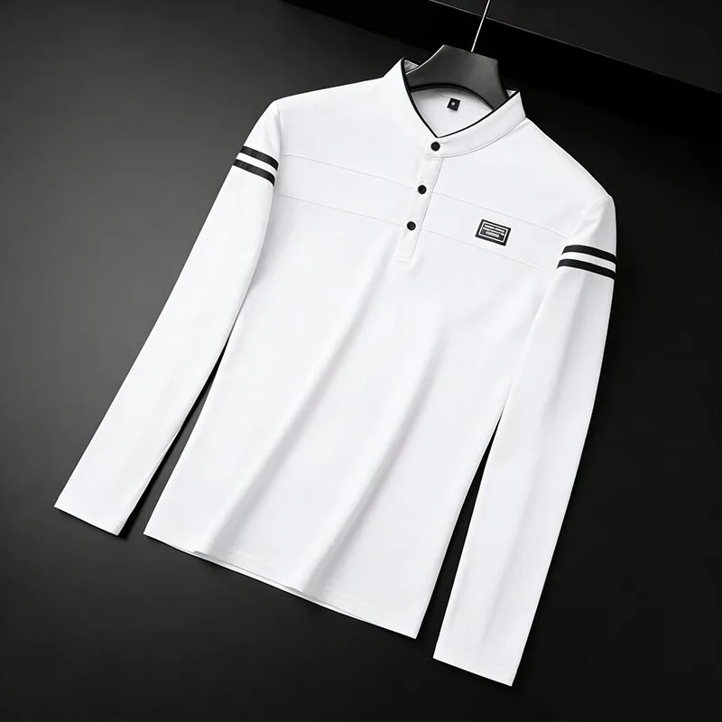 Men Stand Collar Long Sleeve Polo Shirt Stripe Accent Soft Breathable For Business Work And Life