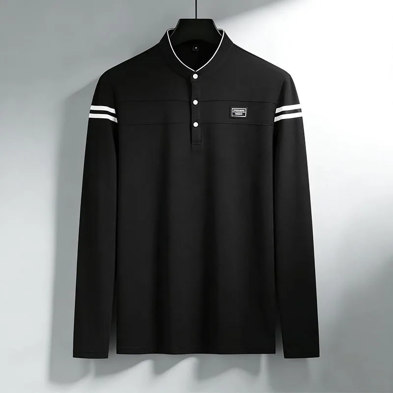 Men Stand Collar Long Sleeve Polo Shirt Stripe Accent Soft Breathable For Business Work And Life