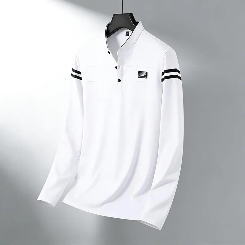 Men Stand Collar Long Sleeve Polo Shirt Stripe Accent Soft Breathable For Business Work And Life