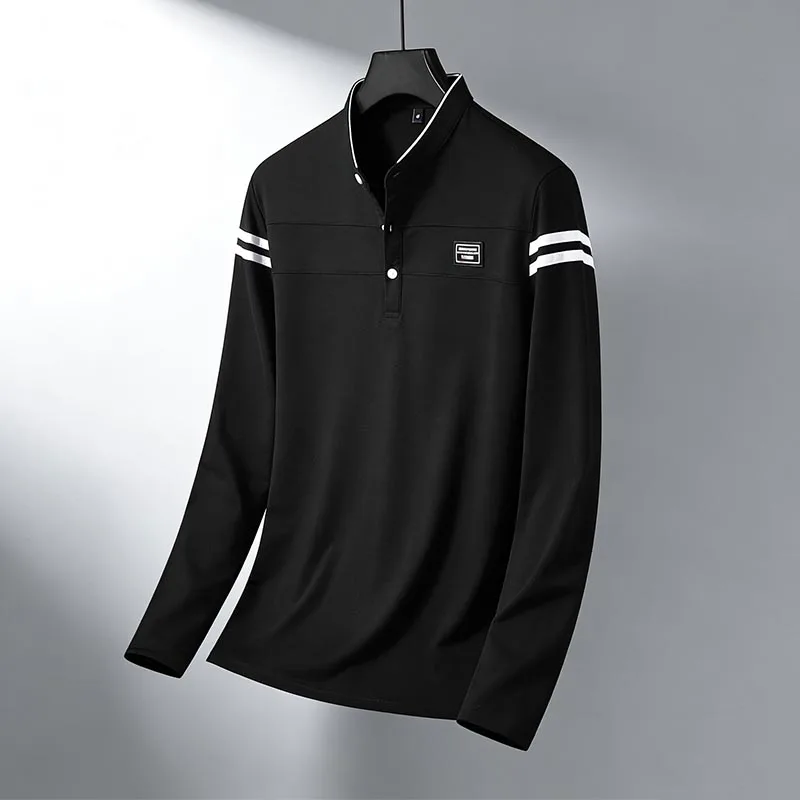 Men Stand Collar Long Sleeve Polo Shirt Stripe Accent Soft Breathable For Business Work And Life