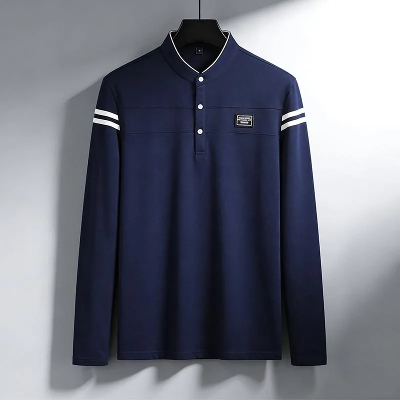 Men Stand Collar Long Sleeve Polo Shirt Stripe Accent Soft Breathable For Business Work And Life
