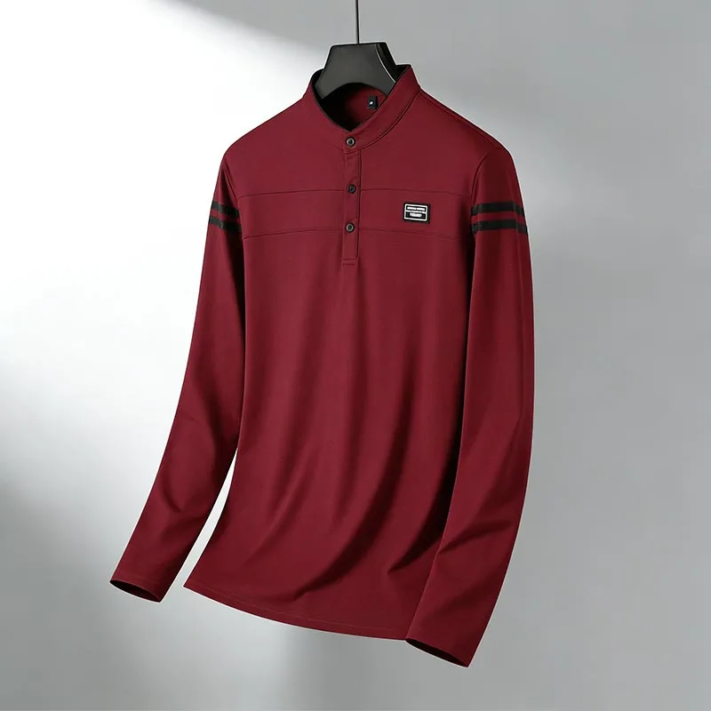 Men Stand Collar Long Sleeve Polo Shirt Stripe Accent Soft Breathable For Business Work And Life
