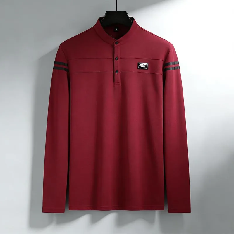 Men Stand Collar Long Sleeve Polo Shirt Stripe Accent Soft Breathable For Business Work And Life