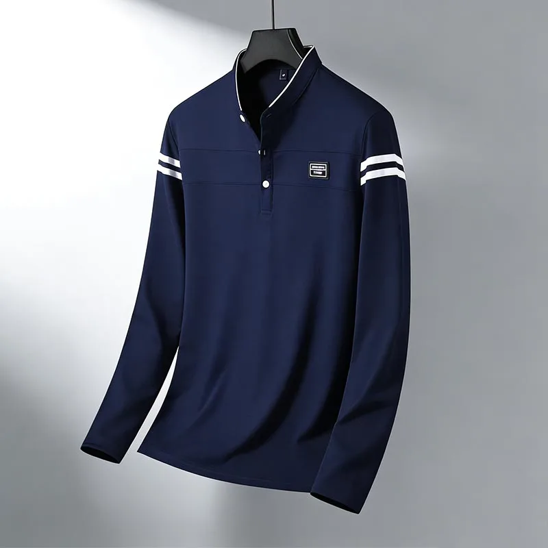 Men Stand Collar Long Sleeve Polo Shirt Stripe Accent Soft Breathable For Business Work And Life
