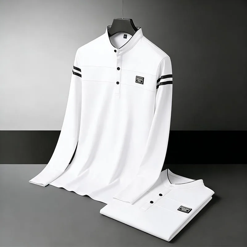 Men Stand Collar Long Sleeve Polo Shirt Stripe Accent Soft Breathable For Business Work And Life