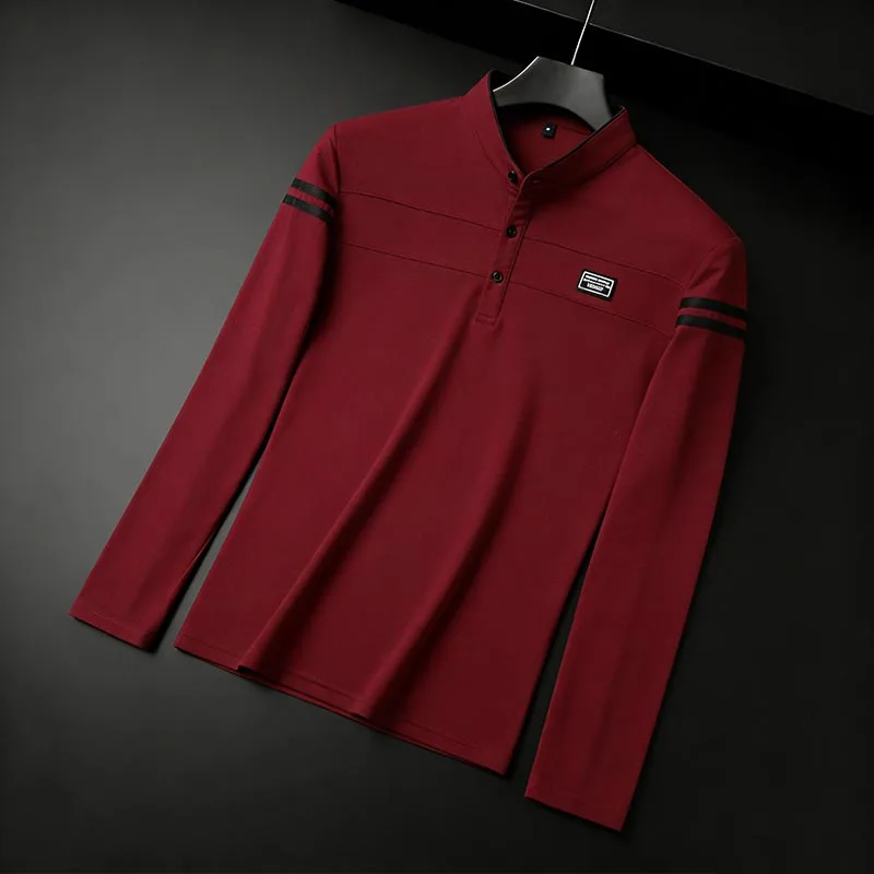 Men Stand Collar Long Sleeve Polo Shirt Stripe Accent Soft Breathable For Business Work And Life