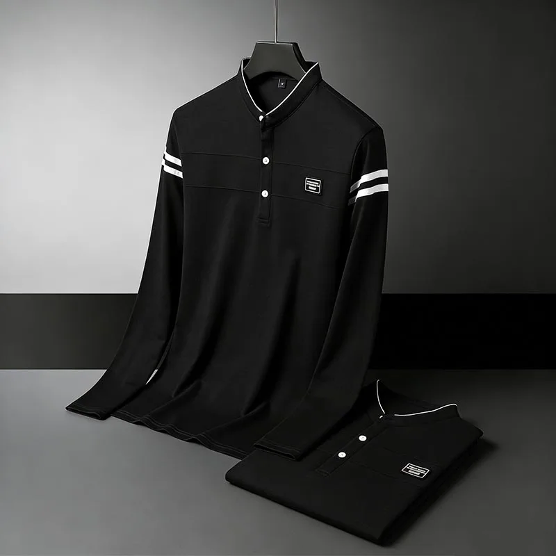 Men Stand Collar Long Sleeve Polo Shirt Stripe Accent Soft Breathable For Business Work And Life
