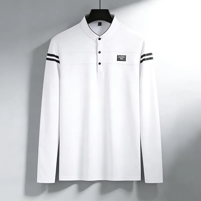 Men Stand Collar Long Sleeve Polo Shirt Stripe Accent Soft Breathable For Business Work And Life