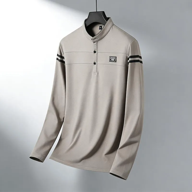 Men Stand Collar Long Sleeve Polo Shirt Stripe Accent Soft Breathable For Business Work And Life
