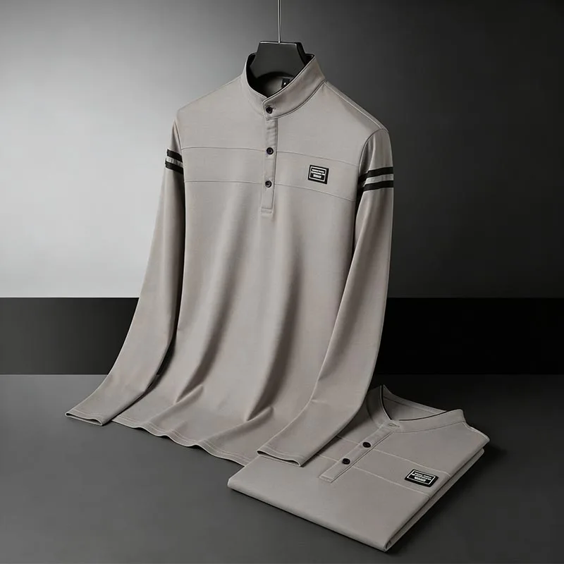 Men Stand Collar Long Sleeve Polo Shirt Stripe Accent Soft Breathable For Business Work And Life