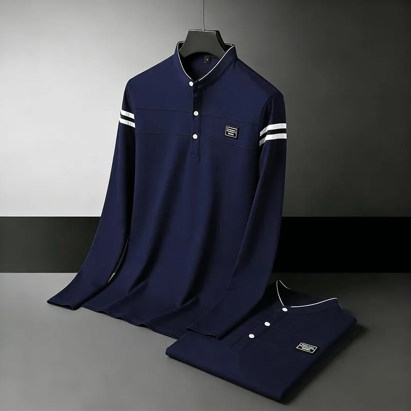 Men Stand Collar Long Sleeve Polo Shirt Stripe Accent Soft Breathable For Business Work And Life
