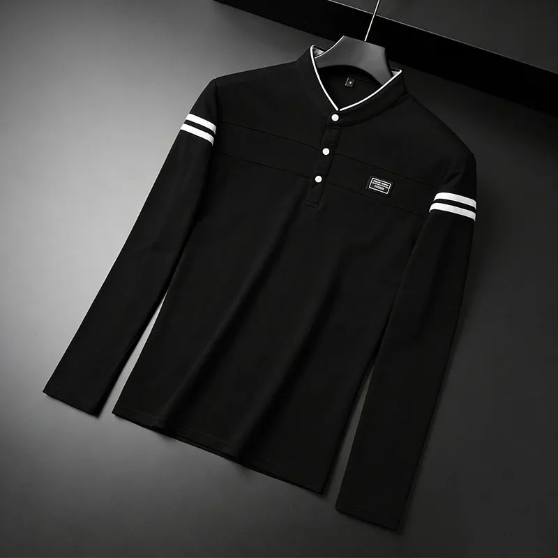Men Stand Collar Long Sleeve Polo Shirt Stripe Accent Soft Breathable For Business Work And Life