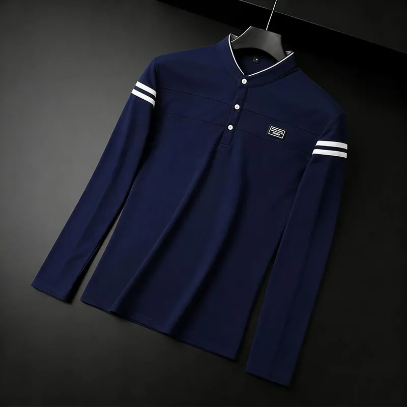Men Stand Collar Long Sleeve Polo Shirt Stripe Accent Soft Breathable For Business Work And Life