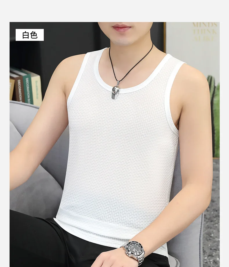 Men's Ice Silk Bamboo Knot Vest Summer Mesh Breathable Sleeveless T Shirts Solid Color Thin Fitness Cool Quick-dry Base Shirt