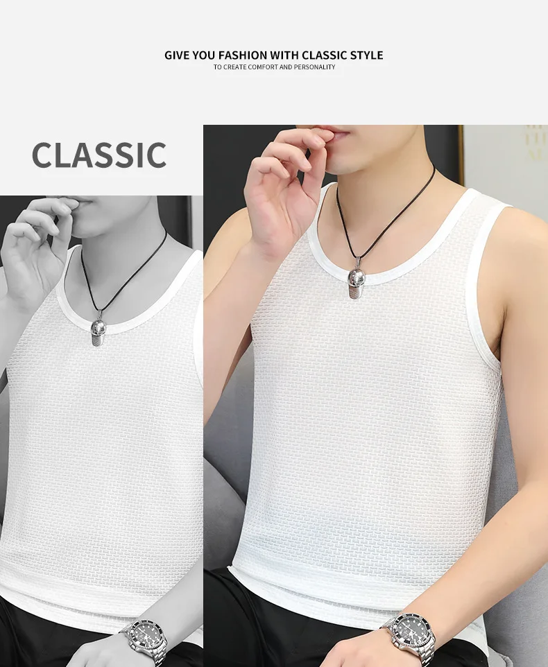Men's Ice Silk Bamboo Knot Vest Summer Mesh Breathable Sleeveless T Shirts Solid Color Thin Fitness Cool Quick-dry Base Shirt