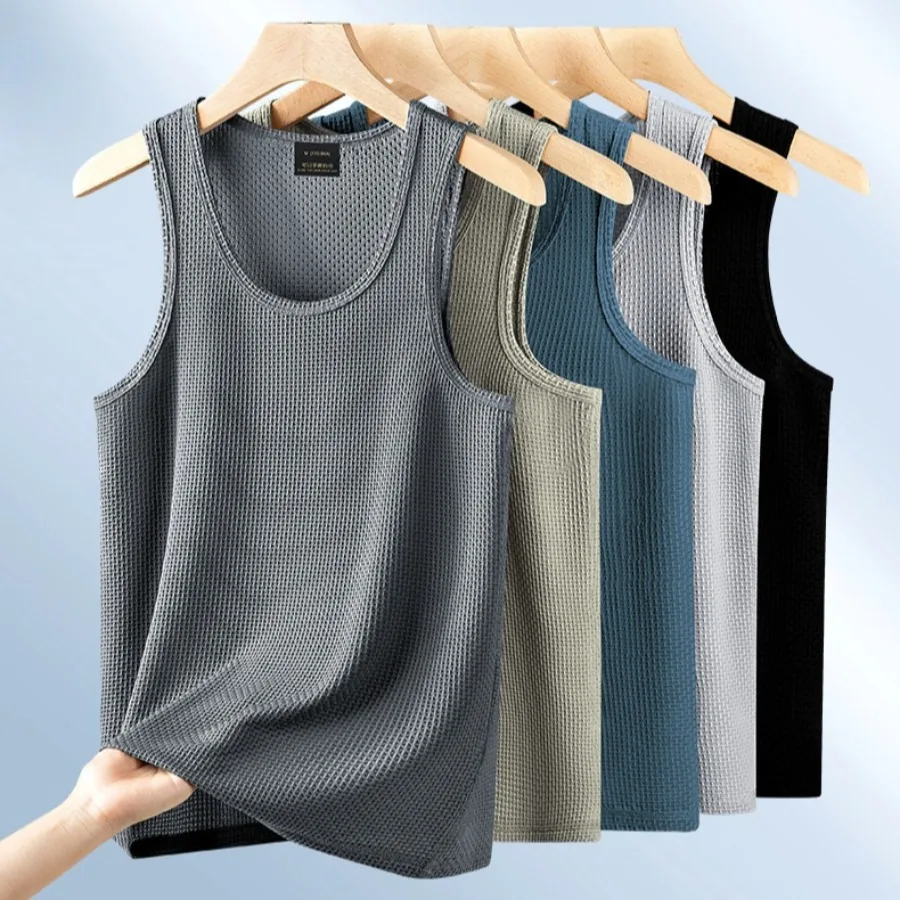 Men's Ice Silk Bamboo Knot Vest Summer Mesh Breathable Sleeveless T Shirts Solid Color Thin Fitness Cool Quick-dry Base Shirt