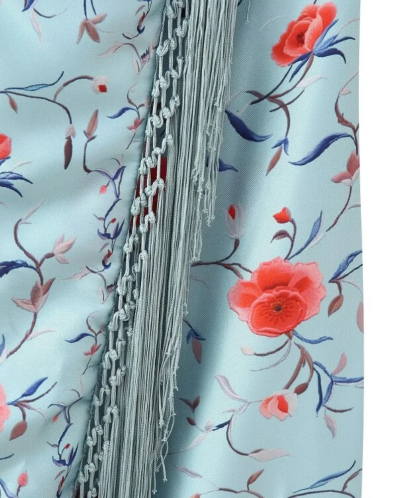 2026 Women Satin Floral Print Halter Neck Dress Fringe Trim Asymmetrical Hem Party Maxi Dress for Beach Vacation