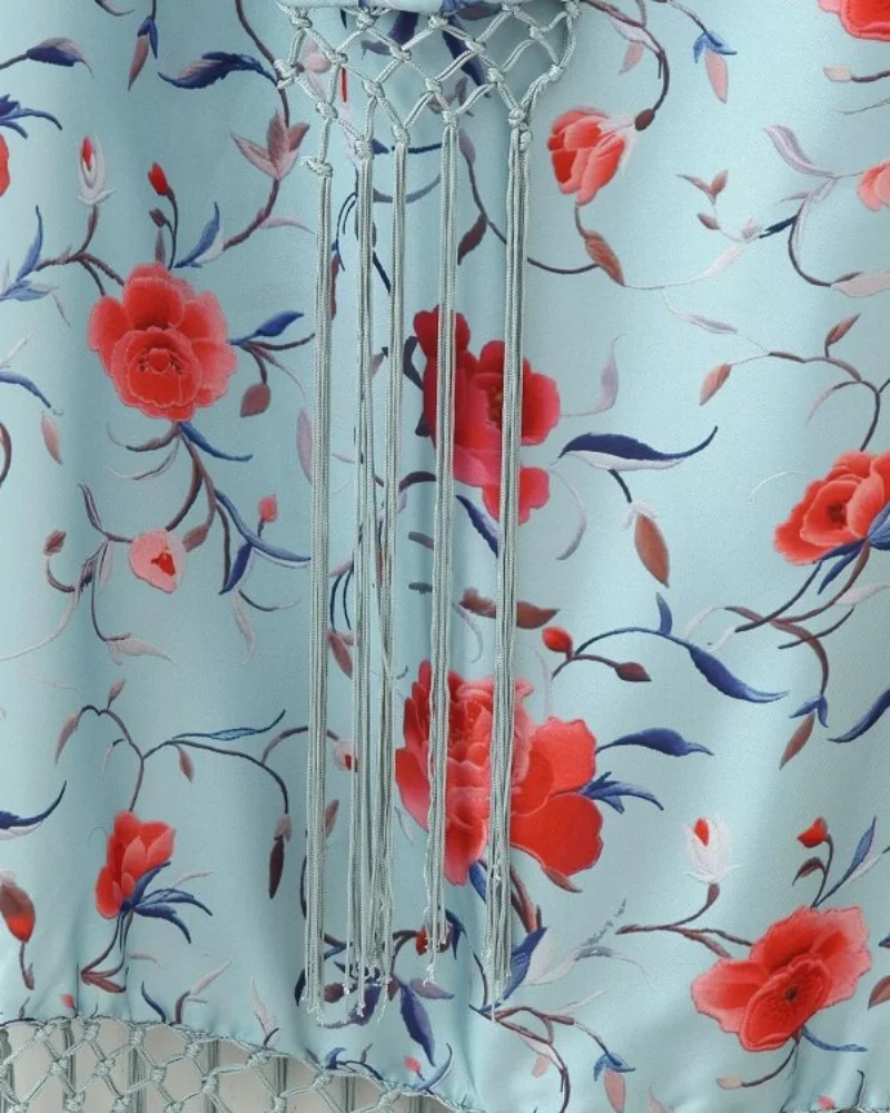 2026 Women Satin Floral Print Halter Neck Dress Fringe Trim Asymmetrical Hem Party Maxi Dress for Beach Vacation