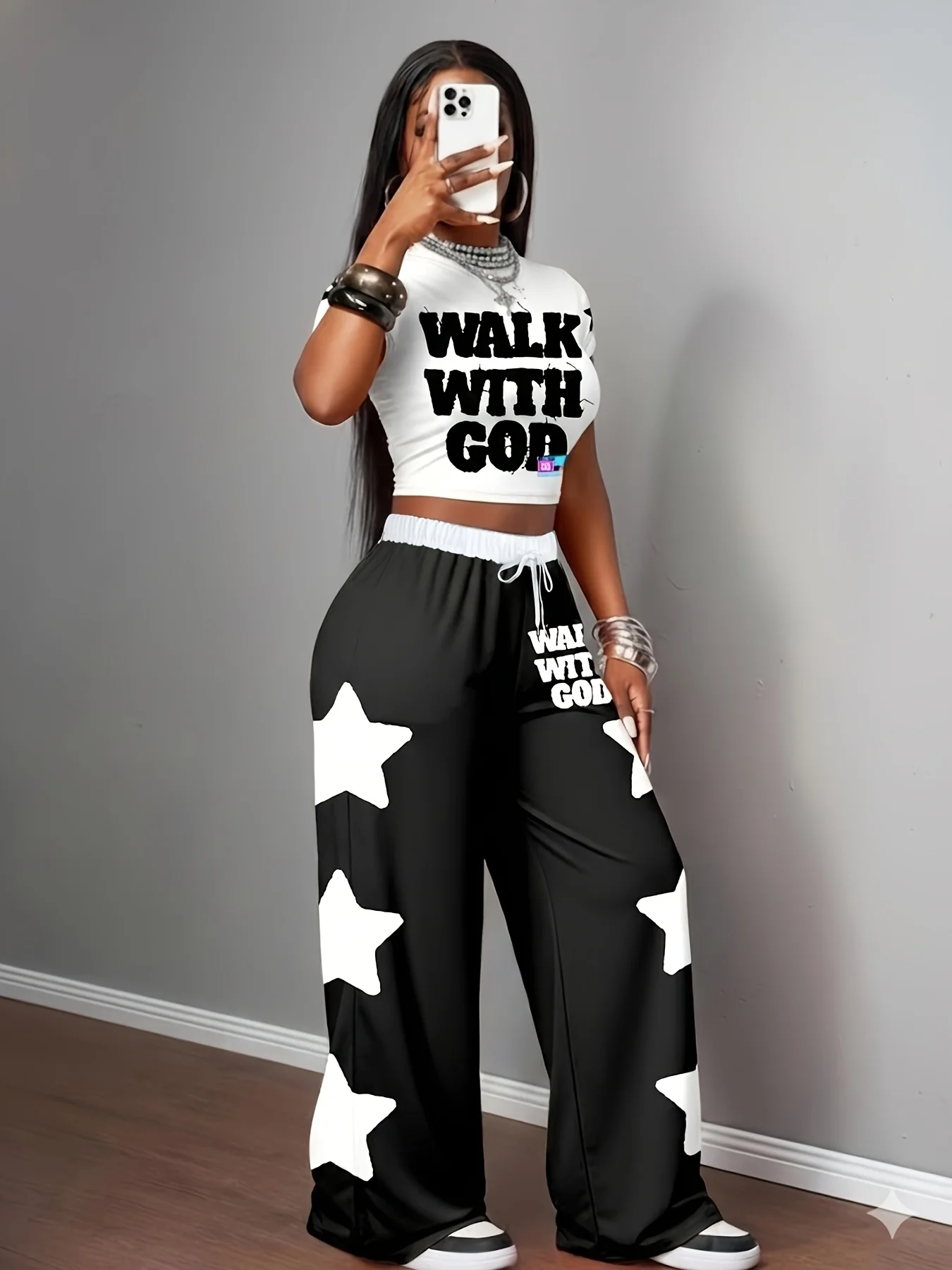 2026 Summer Kids Fast Dry Loose Pants Black White Star Print "WALK WITH GOD" Drawstring Elastic Waist Casual Streetwear Trousers