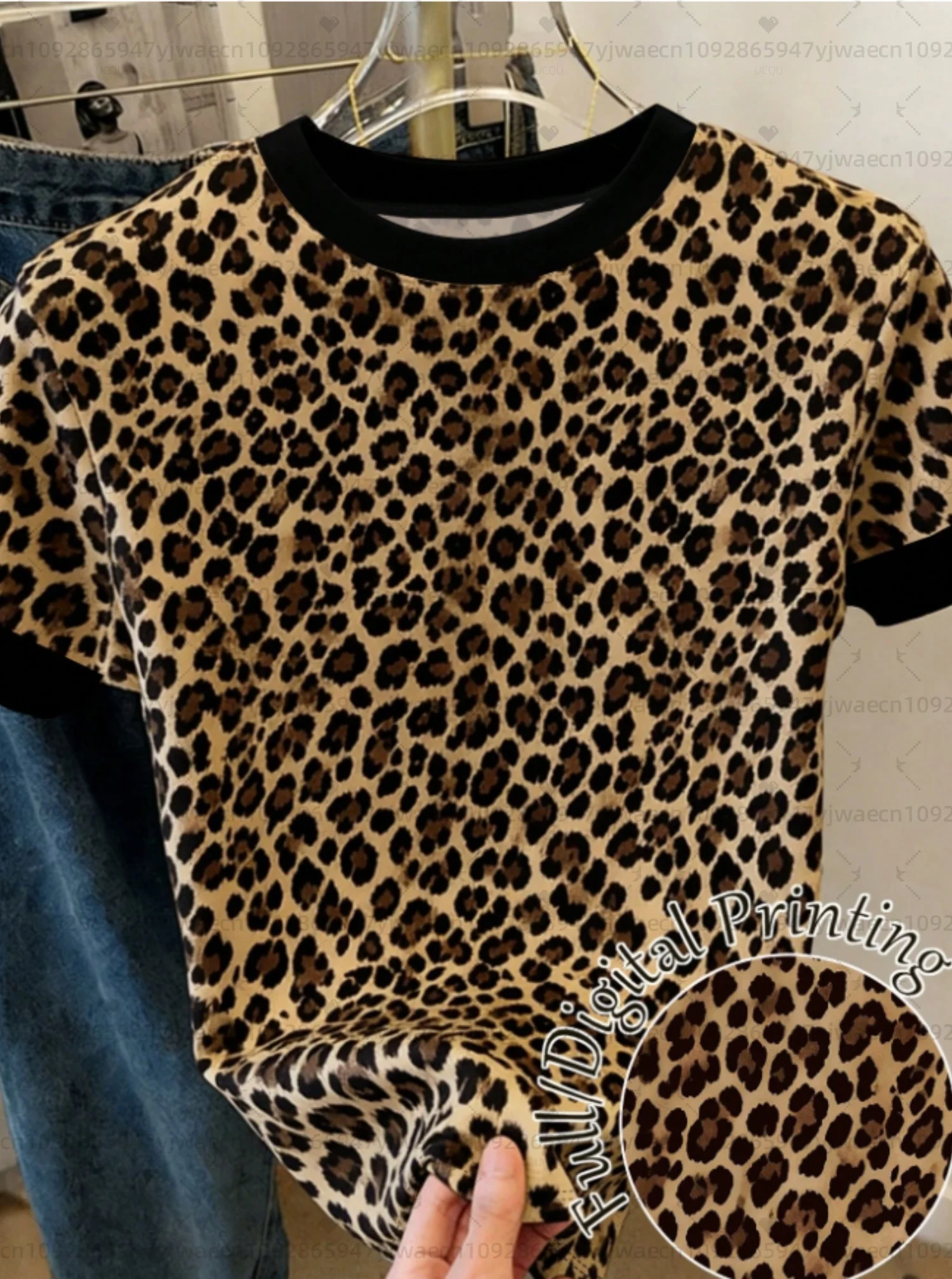 2026 Summer Womens Short Sleeve American Classic Leopard T-Shirt Girl Round Neck Tee Outdoor Sports Plus-Size Women's Clothing