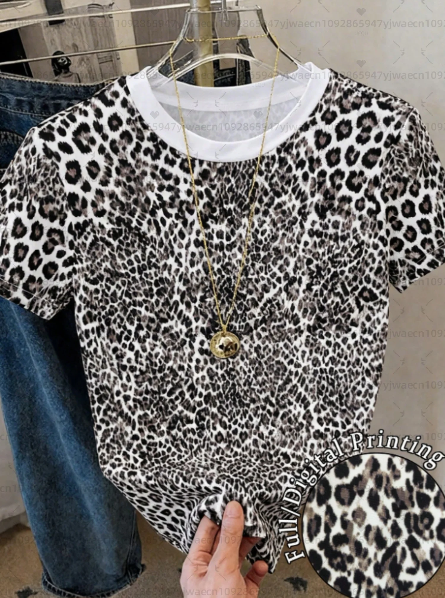 2026 Summer Womens Short Sleeve American Classic Leopard T-Shirt Girl Round Neck Tee Outdoor Sports Plus-Size Women's Clothing