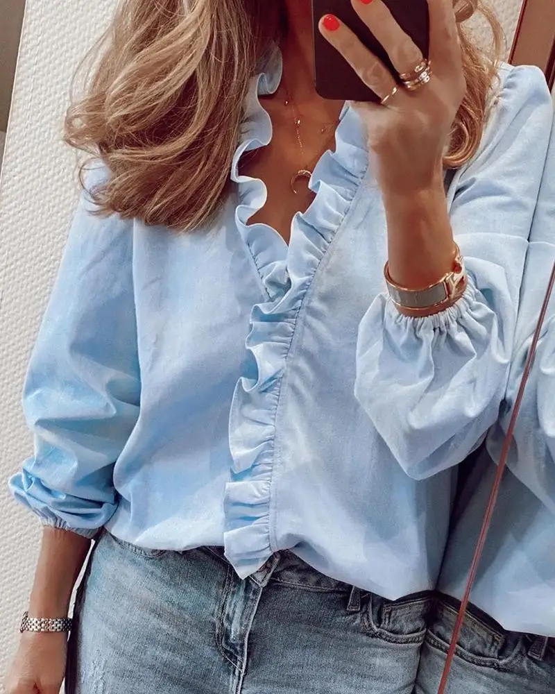 Spring and summer new European and American long sleeved ruffled shirt women's shirt