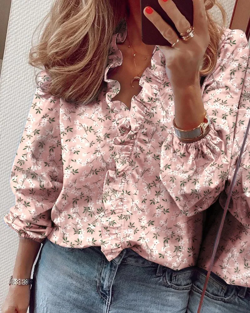 Spring and summer new European and American long sleeved ruffled shirt women's shirt