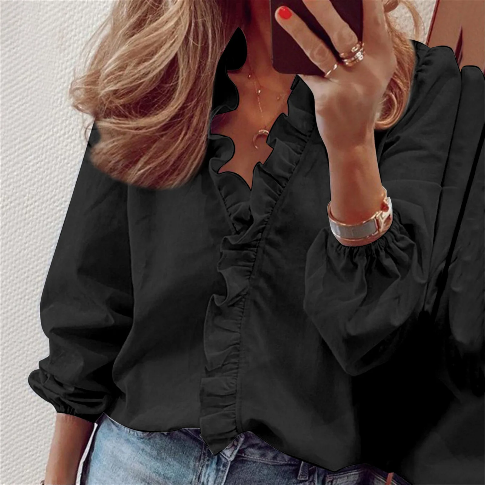 Spring and summer new European and American long sleeved ruffled shirt women's shirt