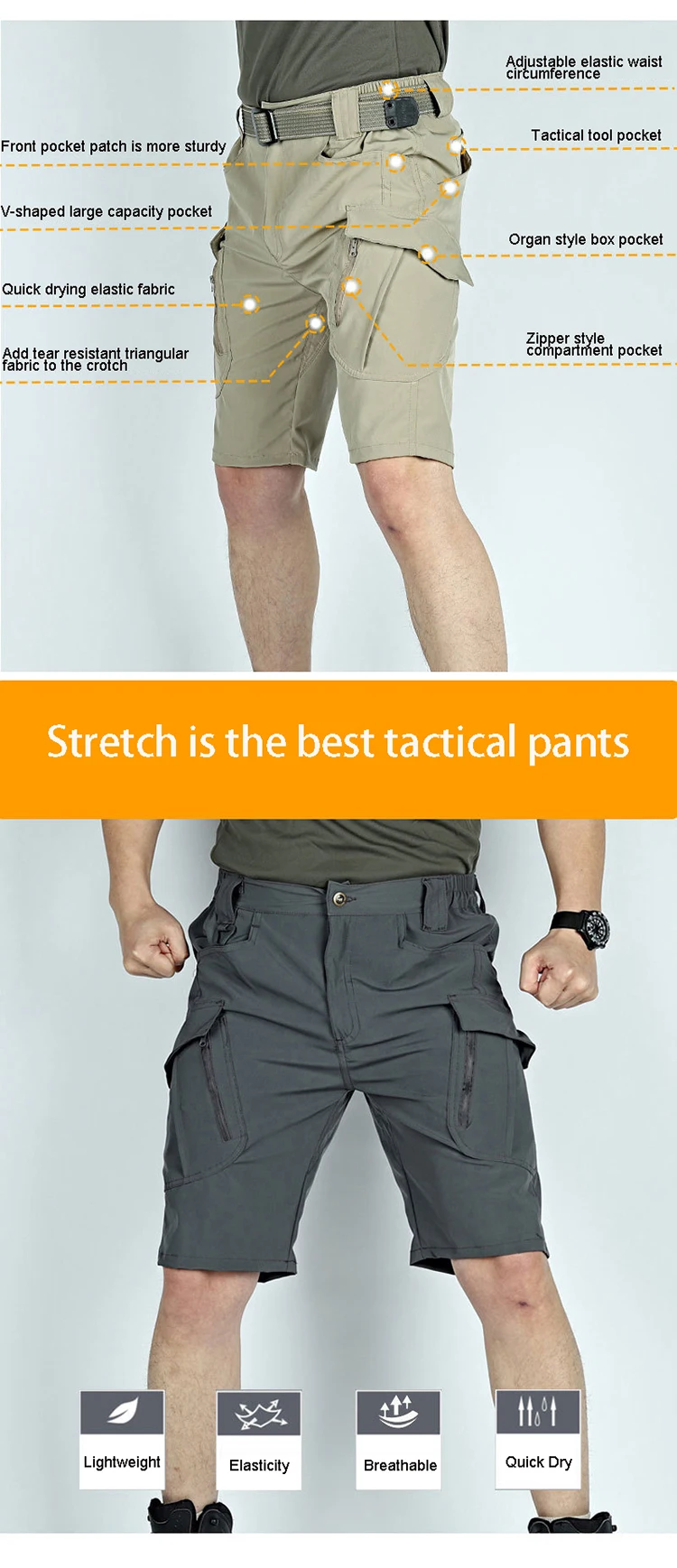 Summer Lightweight Men's Sportswear Shorts Casual Running Multi-pocket Training Jogging Bottoms Breathable Elastic Sport Pants