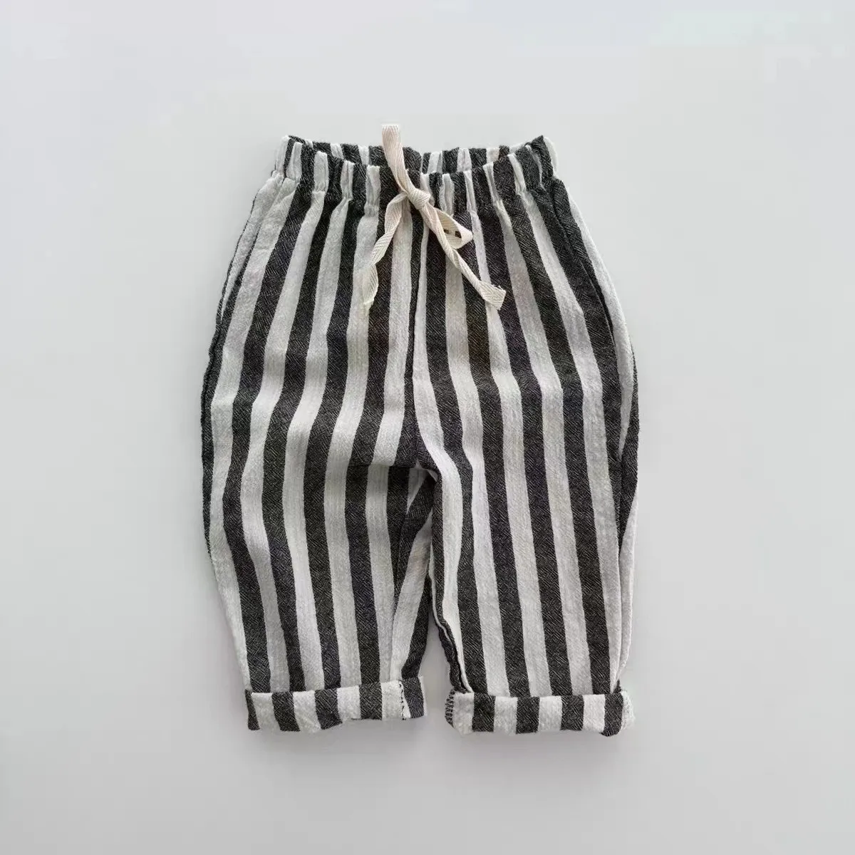 K230124 Unisex Baby Boys Girls Elastic Waist Striped Casual Pants Korean Style Infant Toddler Summer Trousers