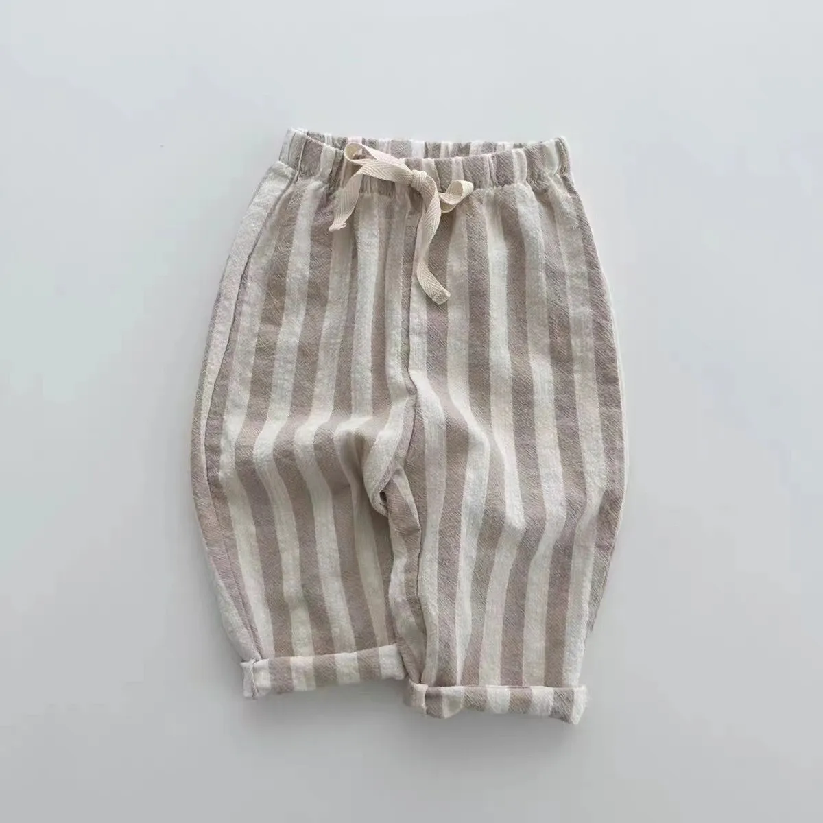 K230124 Unisex Baby Boys Girls Elastic Waist Striped Casual Pants Korean Style Infant Toddler Summer Trousers